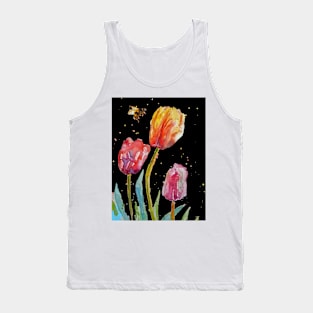 Tulip Flower Watercolor Painting and Bee on Black Tank Top